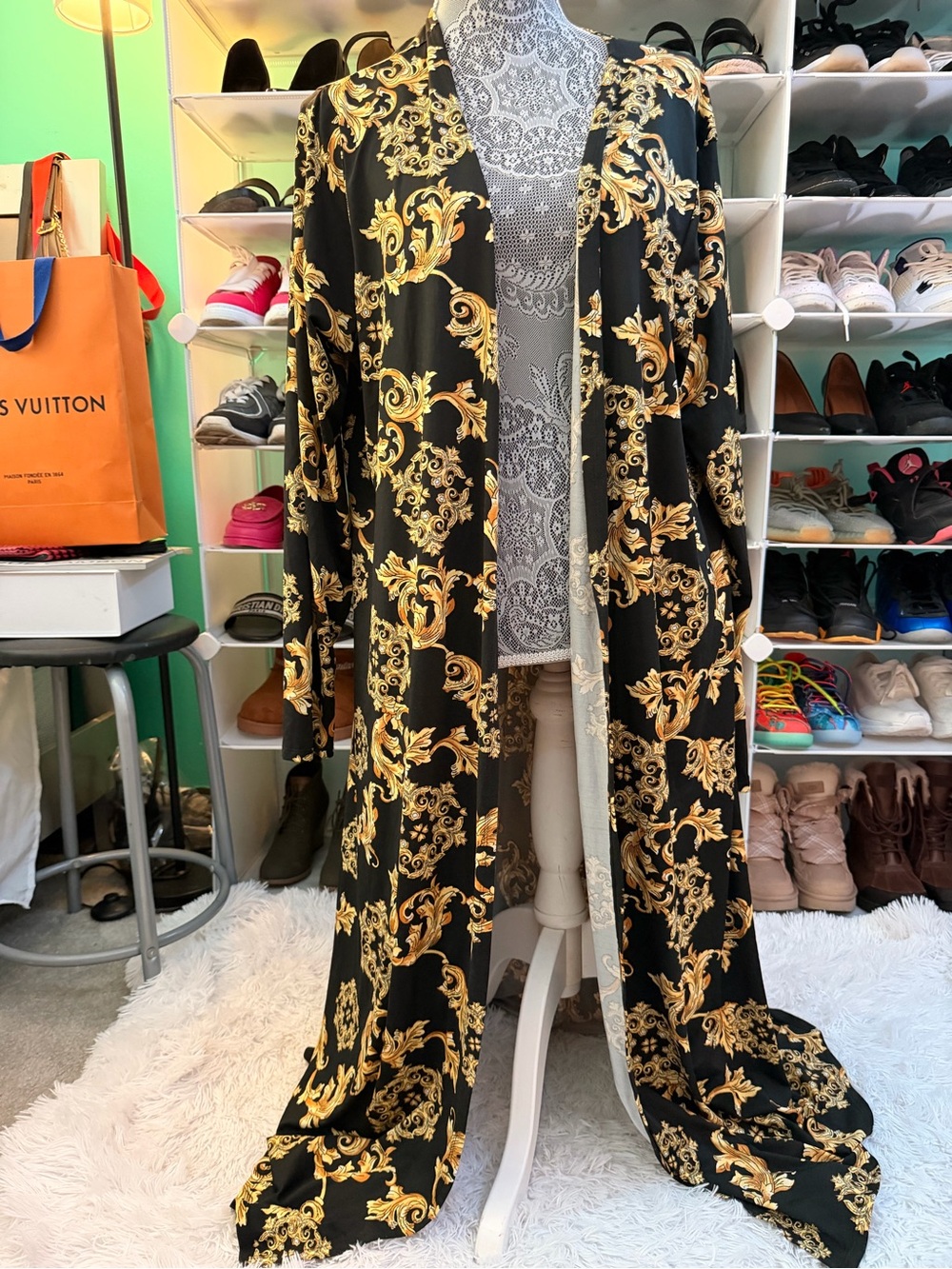 Black & Gold Baroque Long Kimono Robe - Fits most sizes